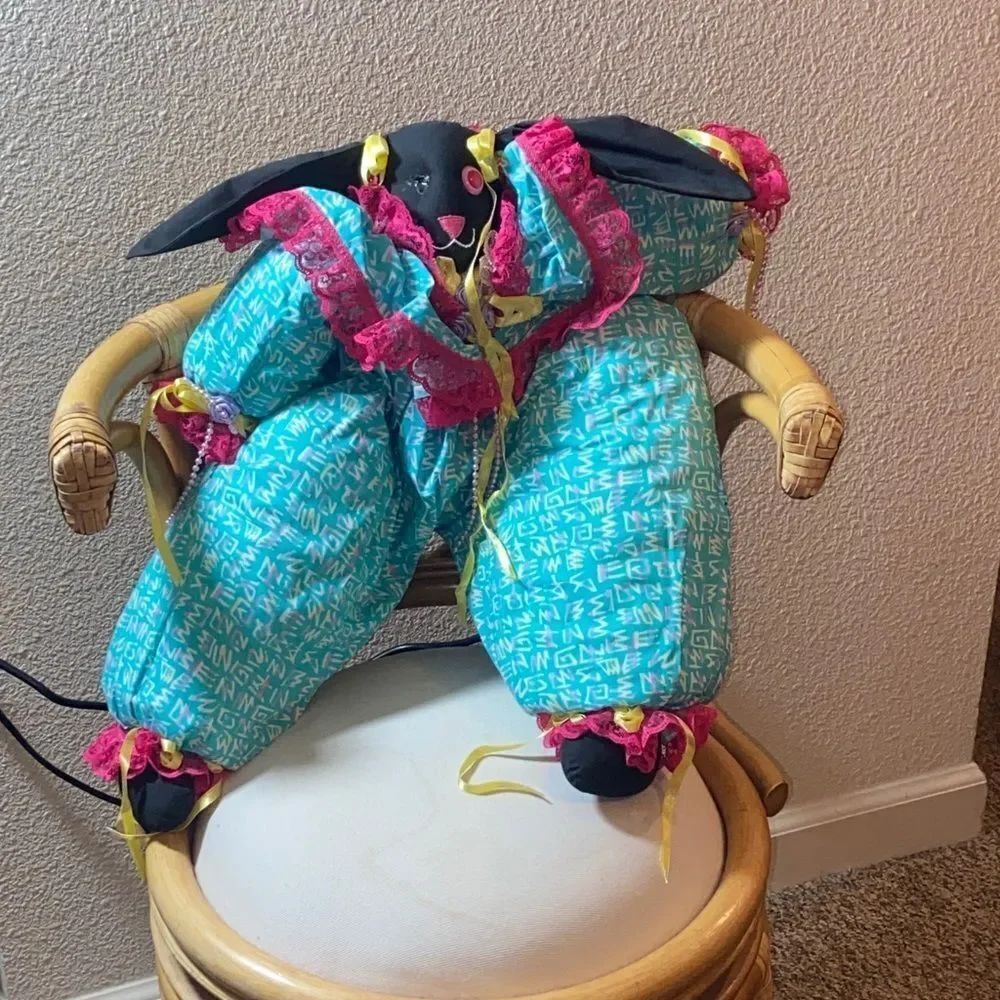 Colorful Plush Bunny with Pink and Blue Patterns Hand Craft  vintage